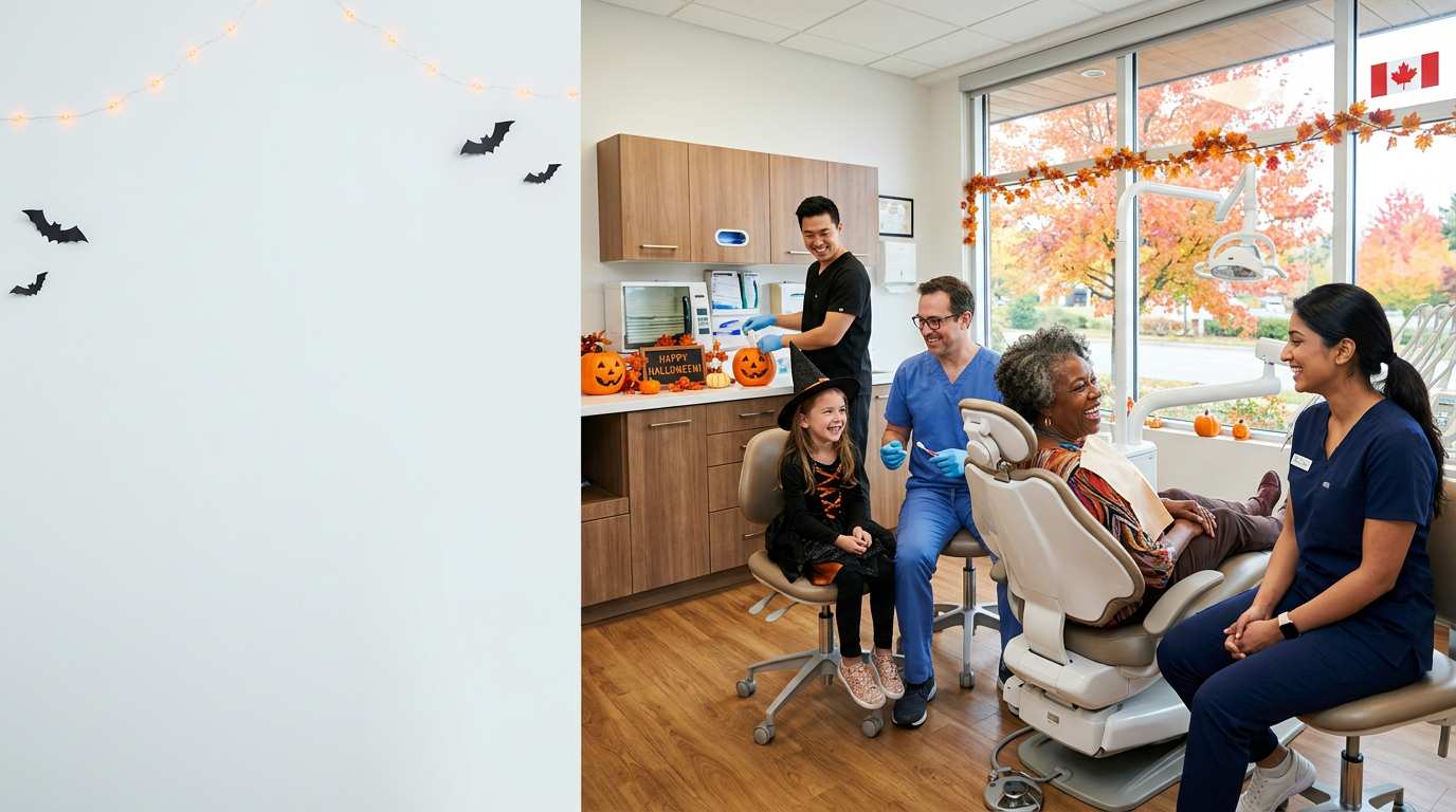 Canadian dental clinic decorated for Halloween with diverse staff and patients